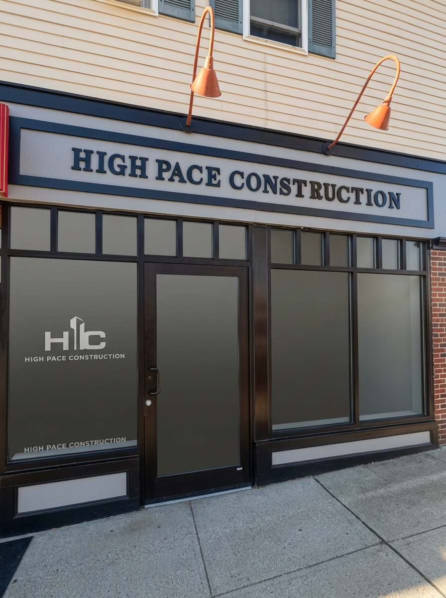 High Pace Construction sign above the office storefront windows