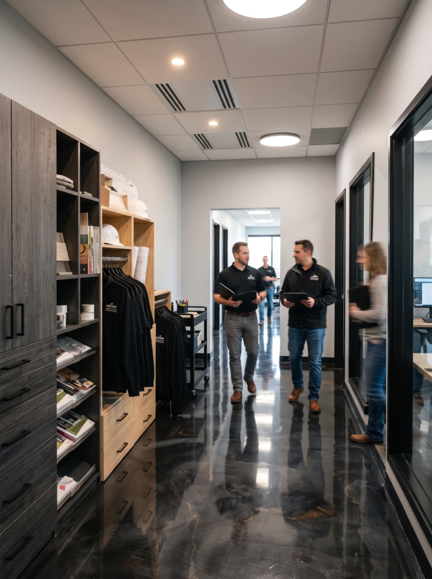High Pace team talking in the office hallway beside storage cabinets