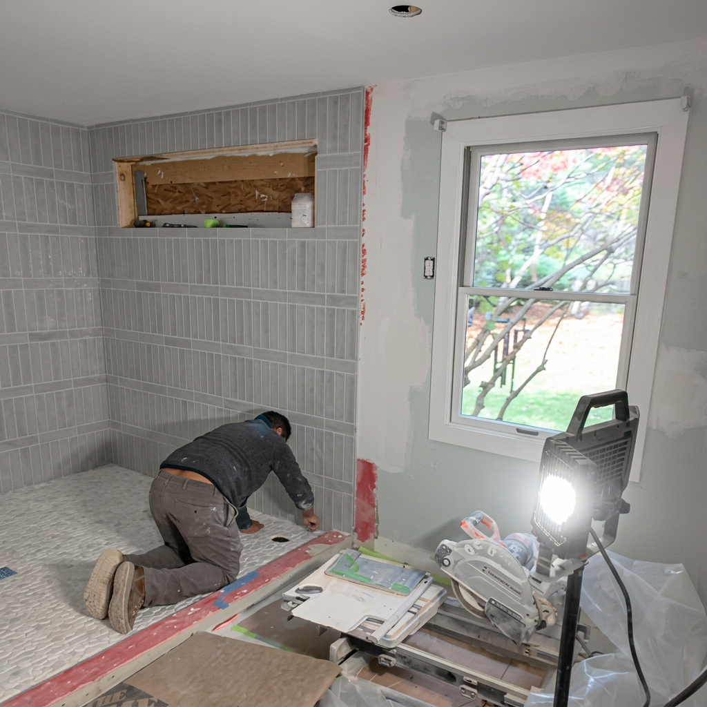 Team member installing tile flooring